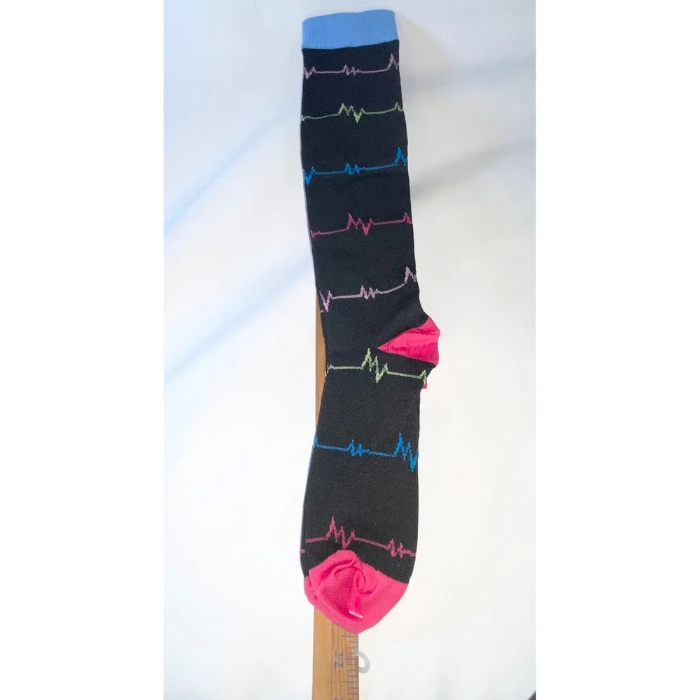 EKG Heartbeat Knee High Compression Socks Black Medical Nurse Pulse‎ Pattern